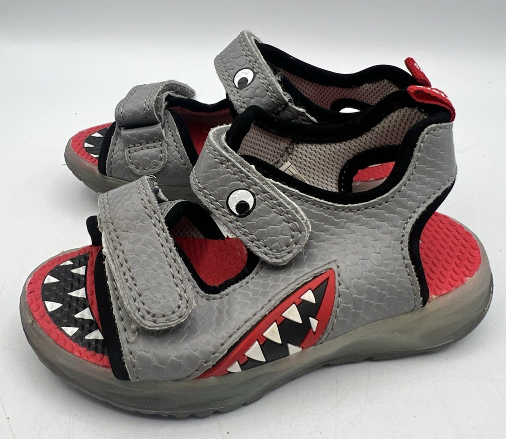 Carter’s Toddler Shark Sandals Gray Red Hook Loop Light Up Size 7 Toddler